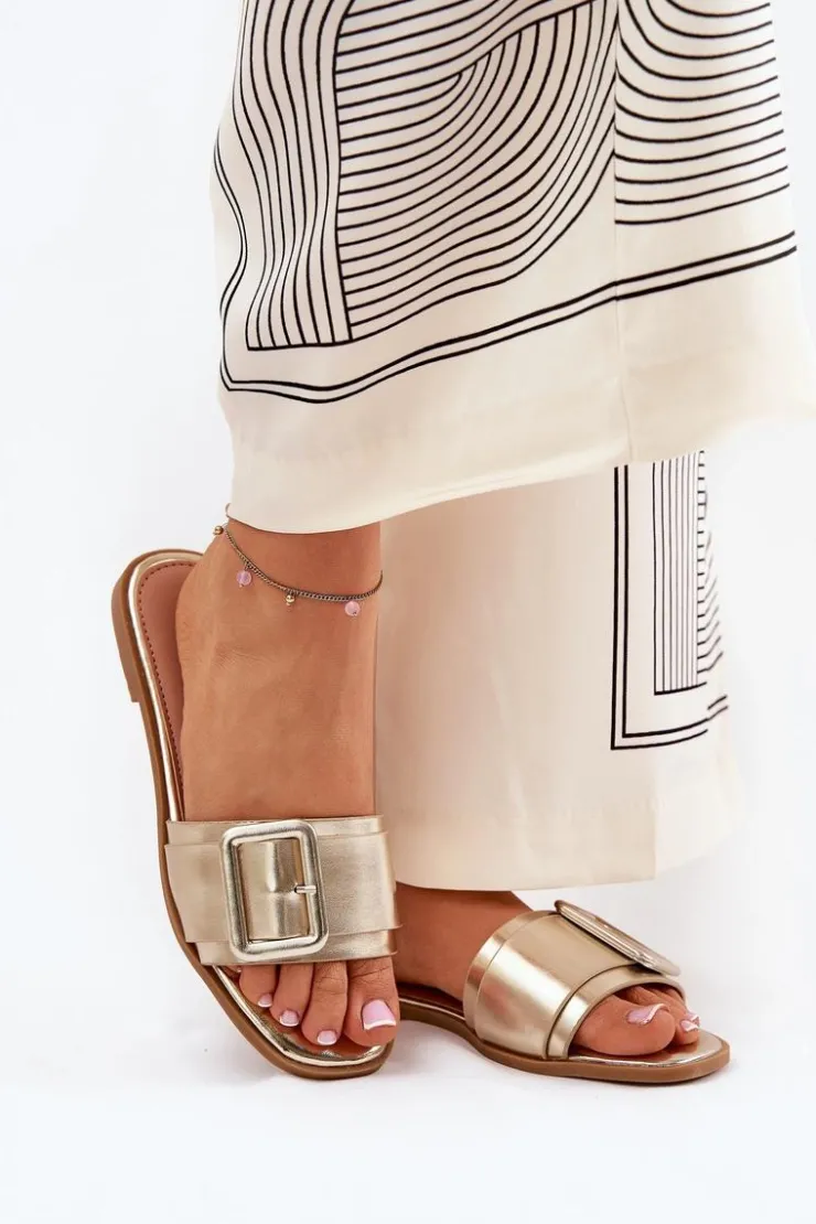 Boto Klapki Damskie Klasyczne*Płaskie Klapki Damskie Eko Skórzane Z Klamrą Złote Bamma