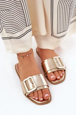 Boto Klapki Damskie Klasyczne*Płaskie Klapki Damskie Eko Skórzane Z Klamrą Złote Bamma