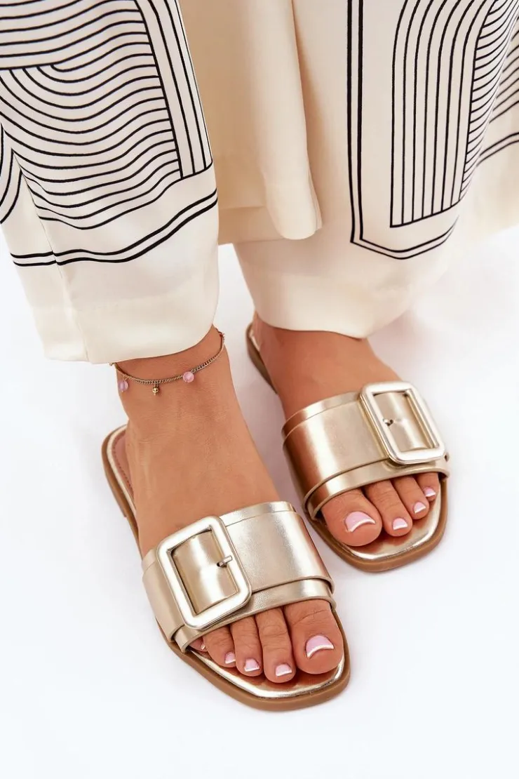 Boto Klapki Damskie Klasyczne*Płaskie Klapki Damskie Eko Skórzane Z Klamrą Złote Bamma