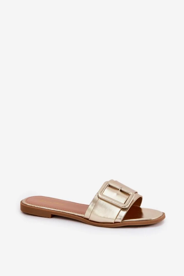 Boto Klapki Damskie Klasyczne*Płaskie Klapki Damskie Eko Skórzane Z Klamrą Złote Bamma