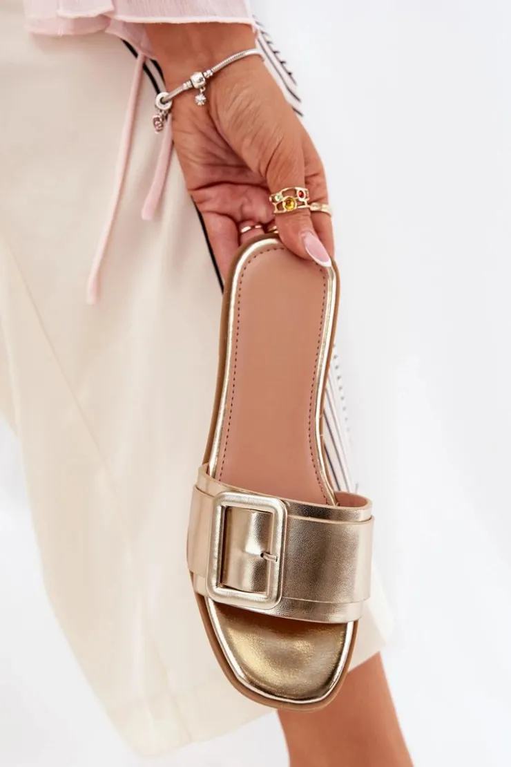 Boto Klapki Damskie Klasyczne*Płaskie Klapki Damskie Eko Skórzane Z Klamrą Złote Bamma