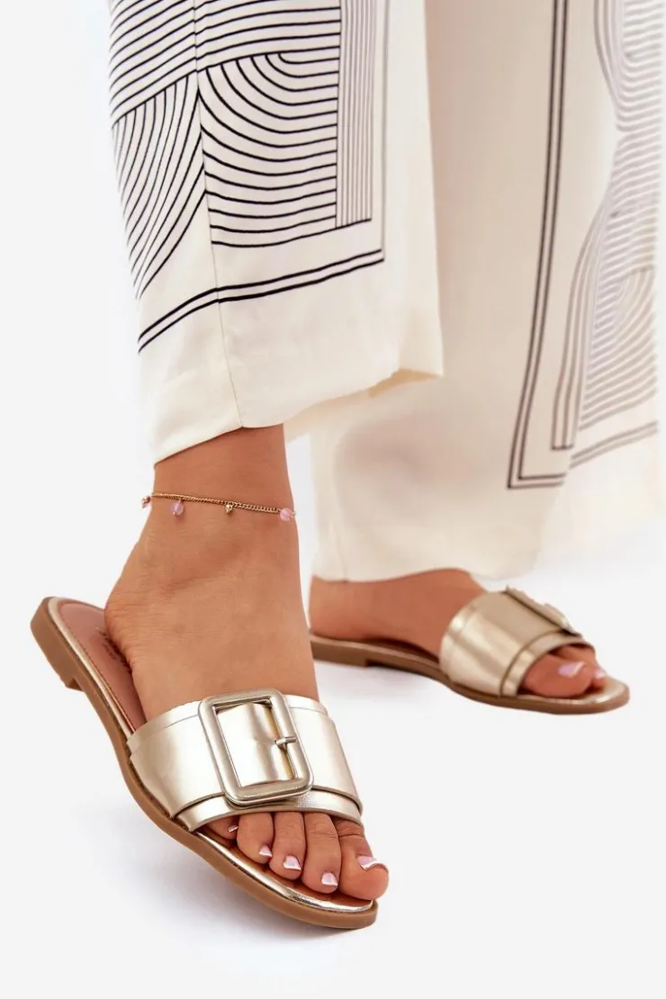 Boto Klapki Damskie Klasyczne*Płaskie Klapki Damskie Eko Skórzane Z Klamrą Złote Bamma