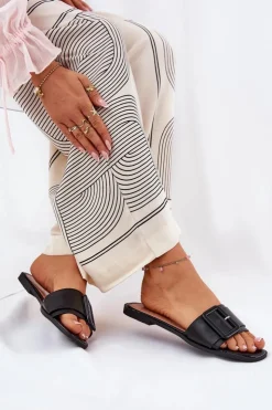 Damskie Boto Płaskie Klapki Damskie Eko Skórzane Z Klamrą Czarne Bamma