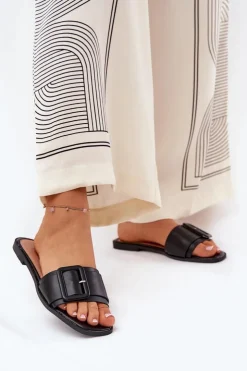 Damskie Boto Płaskie Klapki Damskie Eko Skórzane Z Klamrą Czarne Bamma