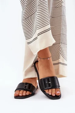 Damskie Boto Płaskie Klapki Damskie Eko Skórzane Z Klamrą Czarne Bamma