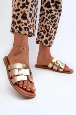 Evento Klapki Damskie Klasyczne*Płaskie Klapki Damskie Z Eko Skóry Złote Risamay Złoty