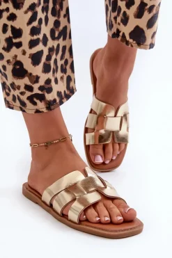 Evento Klapki Damskie Klasyczne*Płaskie Klapki Damskie Z Eko Skóry Złote Risamay Złoty