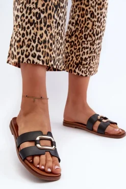 Buty Sergio Leone Klapki Damskie Klasyczne*Płaskie Klapki Damskie Z Eko Skóry Sergio Leone SK077H Czarne