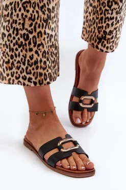 Buty Sergio Leone Klapki Damskie Klasyczne*Płaskie Klapki Damskie Z Eko Skóry Sergio Leone SK077H Czarne