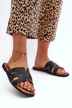 Damskie Evento Płaskie Klapki Damskie Z Eko Skóry Czarne Risamay