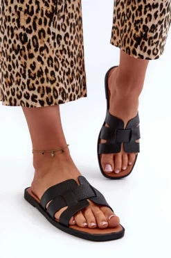 Damskie Evento Płaskie Klapki Damskie Z Eko Skóry Czarne Risamay