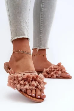 Damskie Boto Płaskie Klapki Damskie Z Frędzlami Brudny Róż Rialle