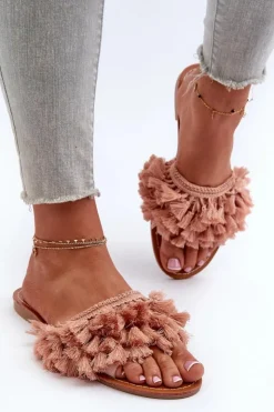 Damskie Boto Płaskie Klapki Damskie Z Frędzlami Brudny Róż Rialle