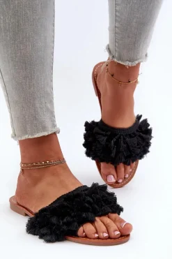Boto Płaskie Klapki Damskie Z Frędzlami Czarne Rialle Czarny