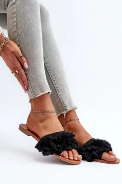 Boto Płaskie Klapki Damskie Z Frędzlami Czarne Rialle Czarny