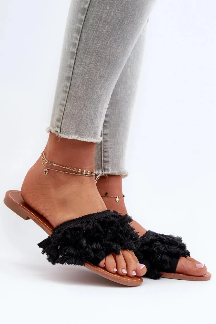 Boto Płaskie Klapki Damskie Z Frędzlami Czarne Rialle Czarny