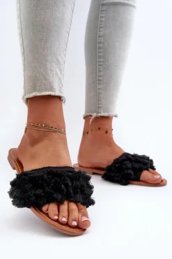 Boto Płaskie Klapki Damskie Z Frędzlami Czarne Rialle Czarny