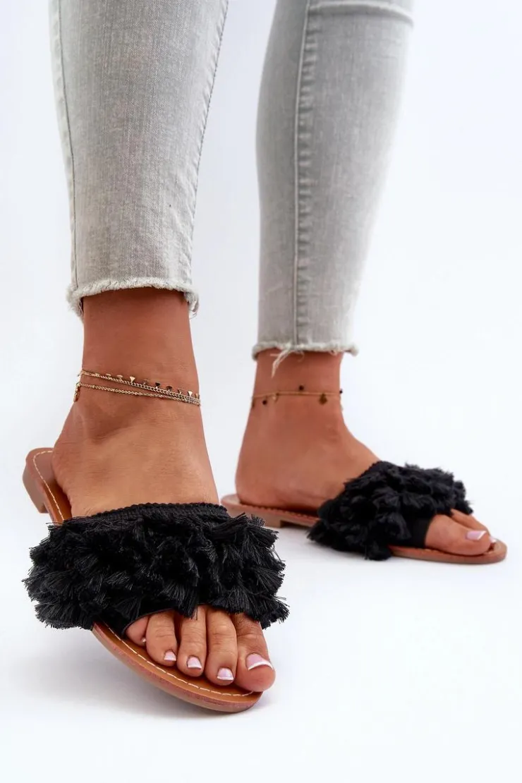 Boto Płaskie Klapki Damskie Z Frędzlami Czarne Rialle Czarny