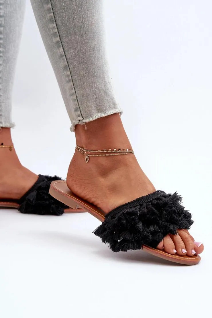 Boto Płaskie Klapki Damskie Z Frędzlami Czarne Rialle Czarny