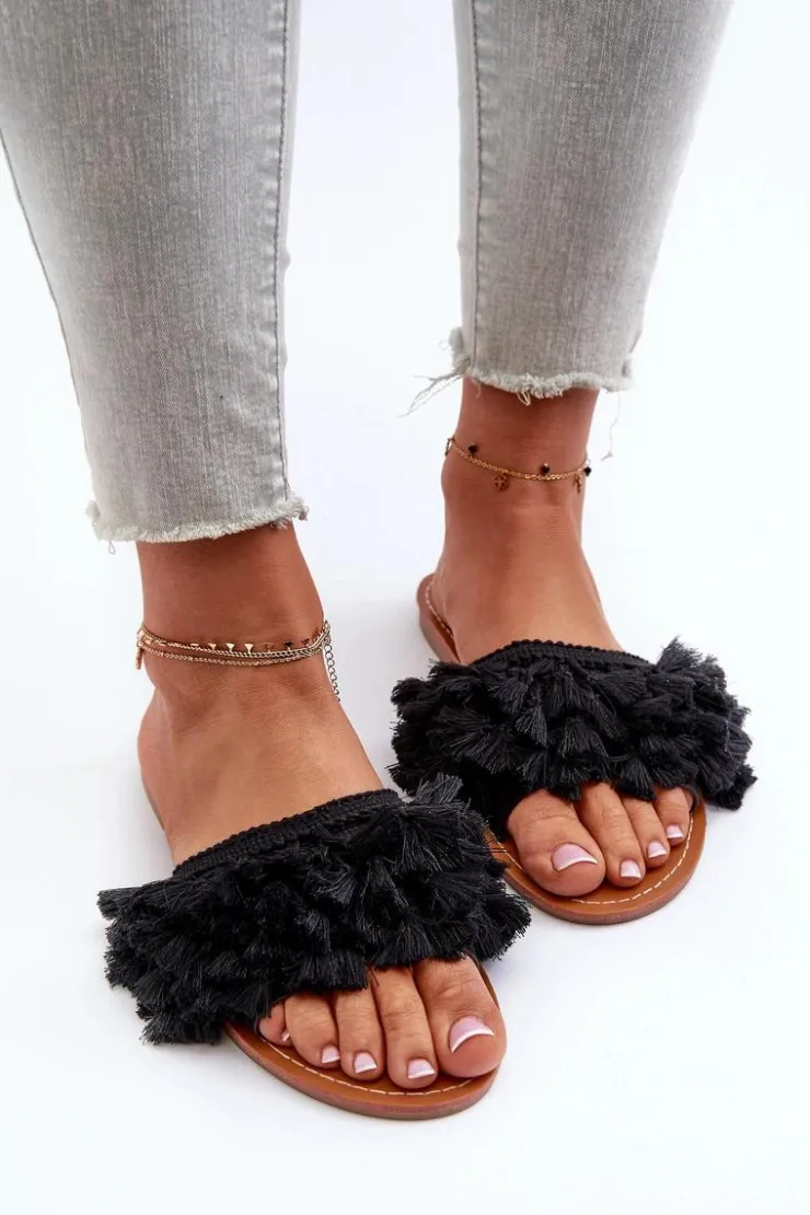 Boto Płaskie Klapki Damskie Z Frędzlami Czarne Rialle Czarny
