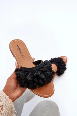 Boto Płaskie Klapki Damskie Z Frędzlami Czarne Rialle Czarny