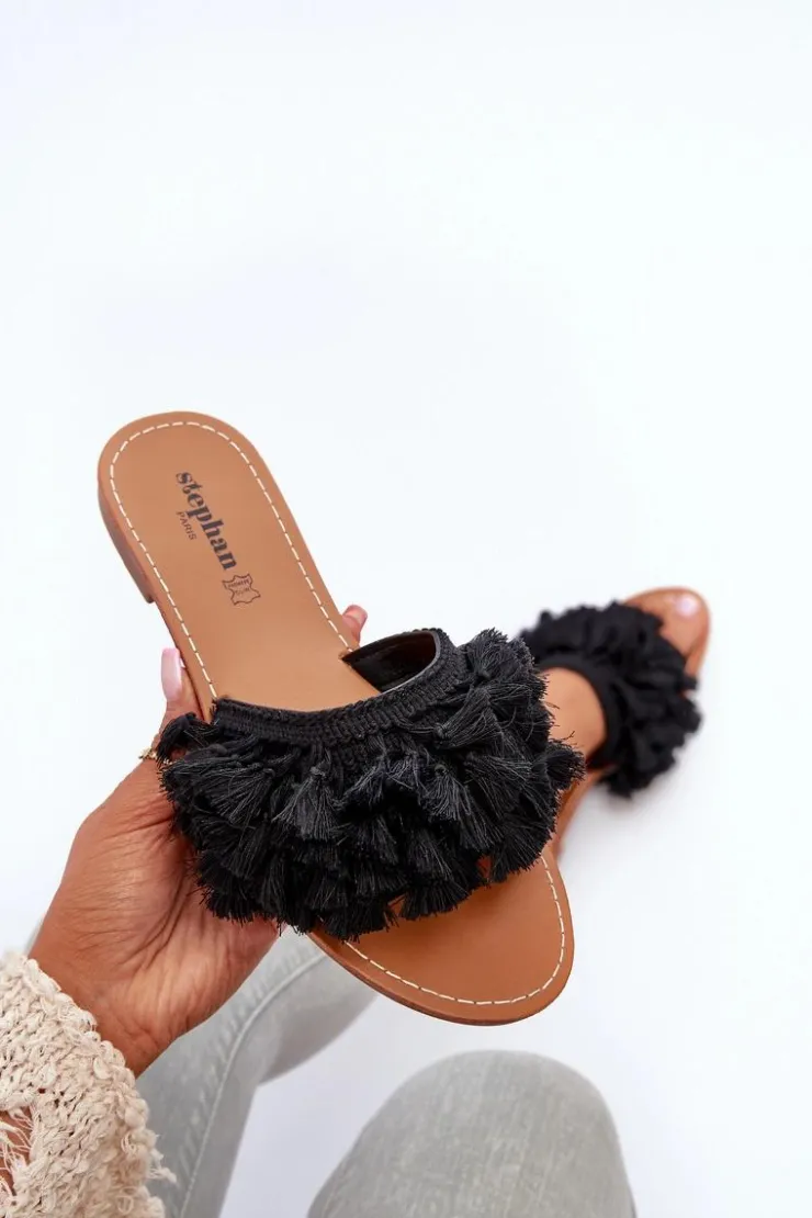 Boto Płaskie Klapki Damskie Z Frędzlami Czarne Rialle Czarny