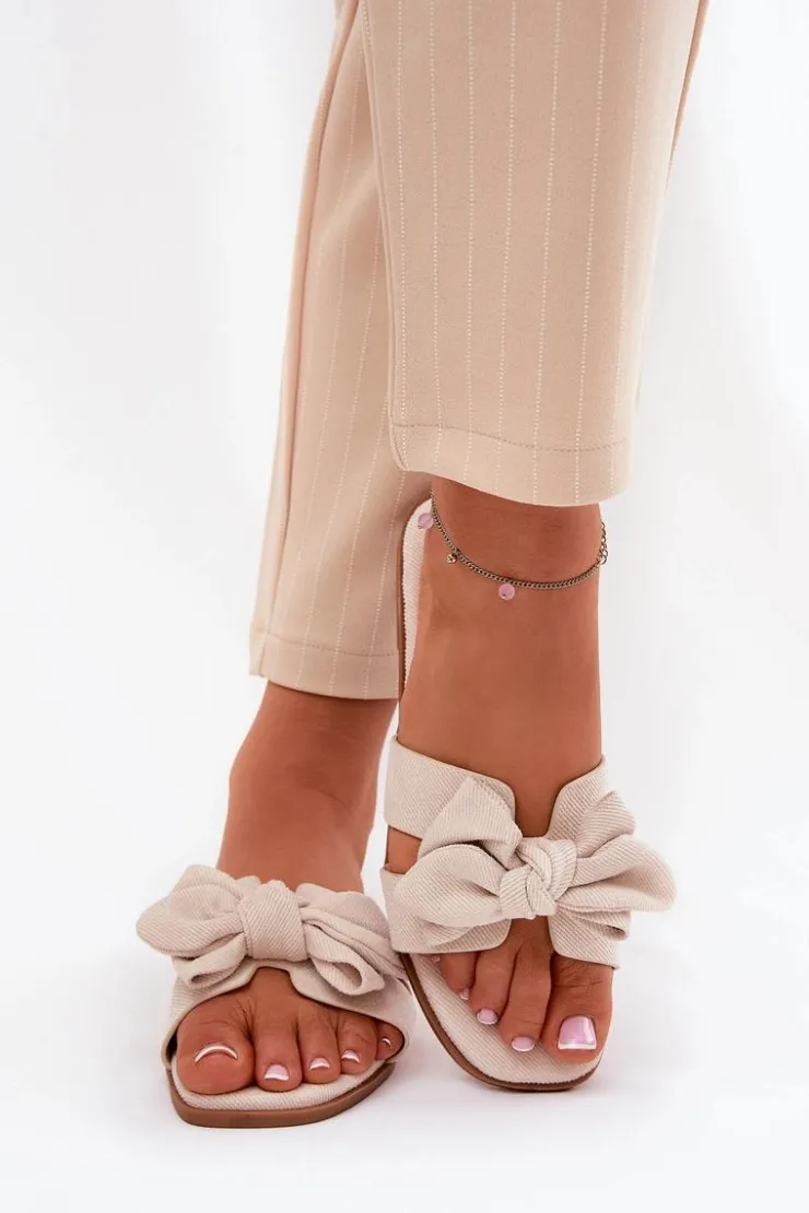 Hot Boto Płaskie Klapki Damskie Z Kokardką Beżowe Tobin Beżowy