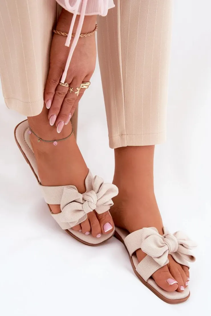 Hot Boto Płaskie Klapki Damskie Z Kokardką Beżowe Tobin Beżowy