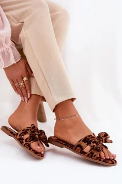 Boto Klapki Damskie Klasyczne*Płaskie Klapki Damskie Z Kokardką Panterka Brązowe Tobin Brązowy