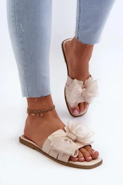 Boto Płaskie Klapki Damskie Z Kokardą Beżowe Balinda
