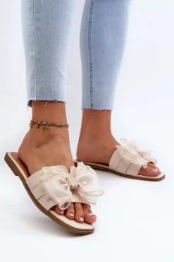 Boto Płaskie Klapki Damskie Z Kokardą Beżowe Balinda