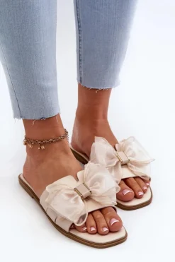 Boto Płaskie Klapki Damskie Z Kokardą Beżowe Balinda