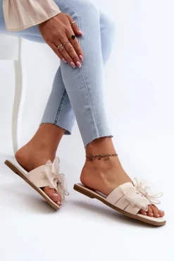 Boto Płaskie Klapki Damskie Z Kokardą Beżowe Balinda