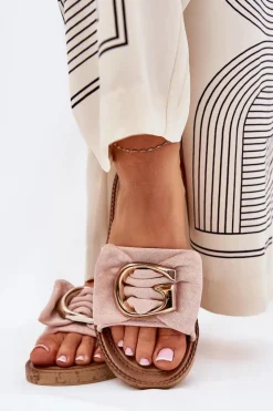 Damskie Boto Płaskie Klapki Damskie Z Ozdobnym Detalem Różowe Nellodra