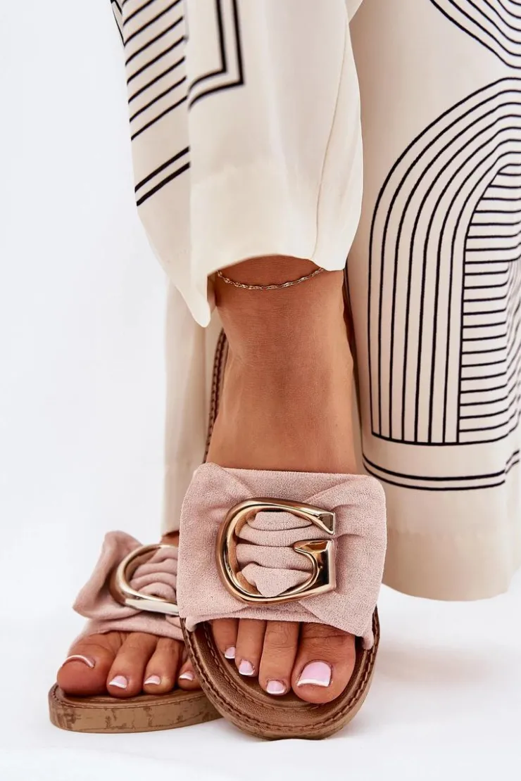 Damskie Boto Płaskie Klapki Damskie Z Ozdobnym Detalem Różowe Nellodra