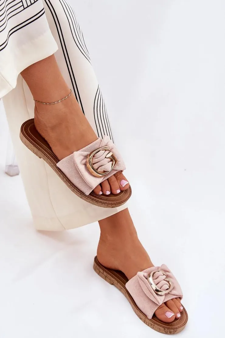 Damskie Boto Płaskie Klapki Damskie Z Ozdobnym Detalem Różowe Nellodra