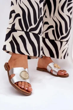 Damskie Boto Płaskie Klapki Damskie Z Ozdobnym Detalem Srebrne Oferry