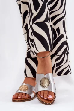 Damskie Boto Płaskie Klapki Damskie Z Ozdobnym Detalem Srebrne Oferry