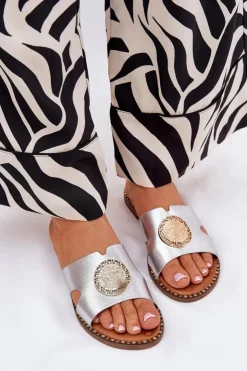 Damskie Boto Płaskie Klapki Damskie Z Ozdobnym Detalem Srebrne Oferry