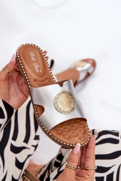 Damskie Boto Płaskie Klapki Damskie Z Ozdobnym Detalem Srebrne Oferry