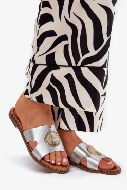 Damskie Boto Płaskie Klapki Damskie Z Ozdobnym Detalem Srebrne Oferry