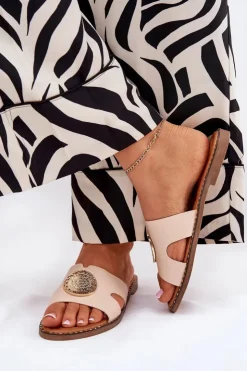 Online Boto Płaskie Klapki Damskie Z Ozdobnym Detalem Beżowe Oferry