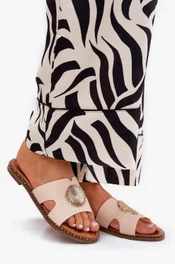 Online Boto Płaskie Klapki Damskie Z Ozdobnym Detalem Beżowe Oferry