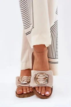 Outlet Boto Płaskie Klapki Damskie Z Ozdobnym Detalem Beżowe Nellodra Beżowy