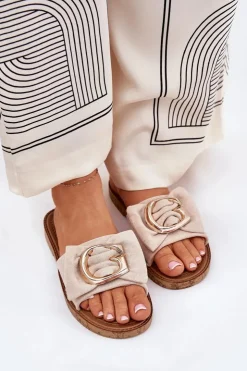 Outlet Boto Płaskie Klapki Damskie Z Ozdobnym Detalem Beżowe Nellodra Beżowy