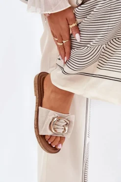 Outlet Boto Płaskie Klapki Damskie Z Ozdobnym Detalem Beżowe Nellodra Beżowy