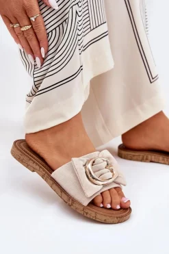 Outlet Boto Płaskie Klapki Damskie Z Ozdobnym Detalem Beżowe Nellodra Beżowy