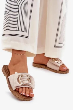 Outlet Boto Płaskie Klapki Damskie Z Ozdobnym Detalem Beżowe Nellodra Beżowy