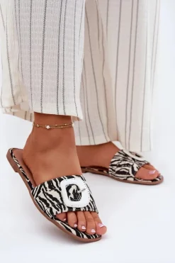 Boto Płaskie Klapki Damskie Z Ozdobną Klamrą Zebra Clariola