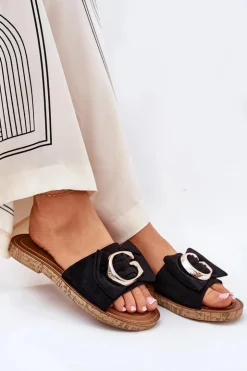 Best Boto Płaskie Klapki Damskie Z Ozdobnym Detalem Czarne Nellodra Czarny